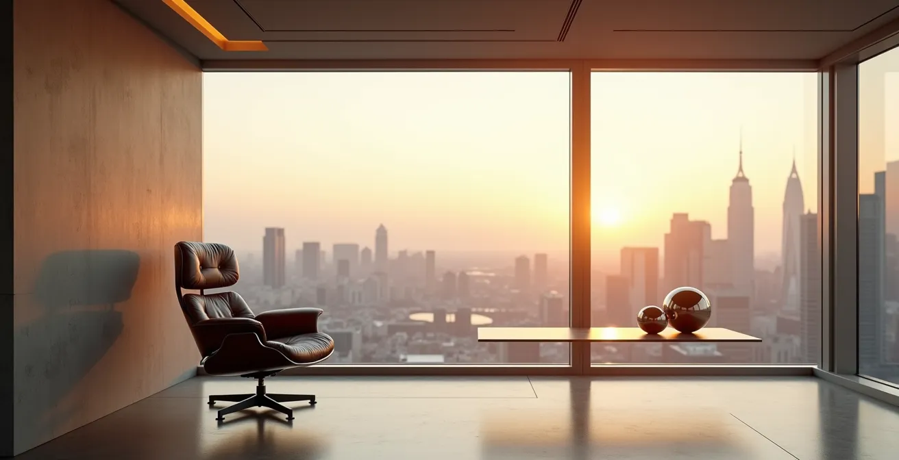 Paysage bureau minimaliste avec vue panoramique ville