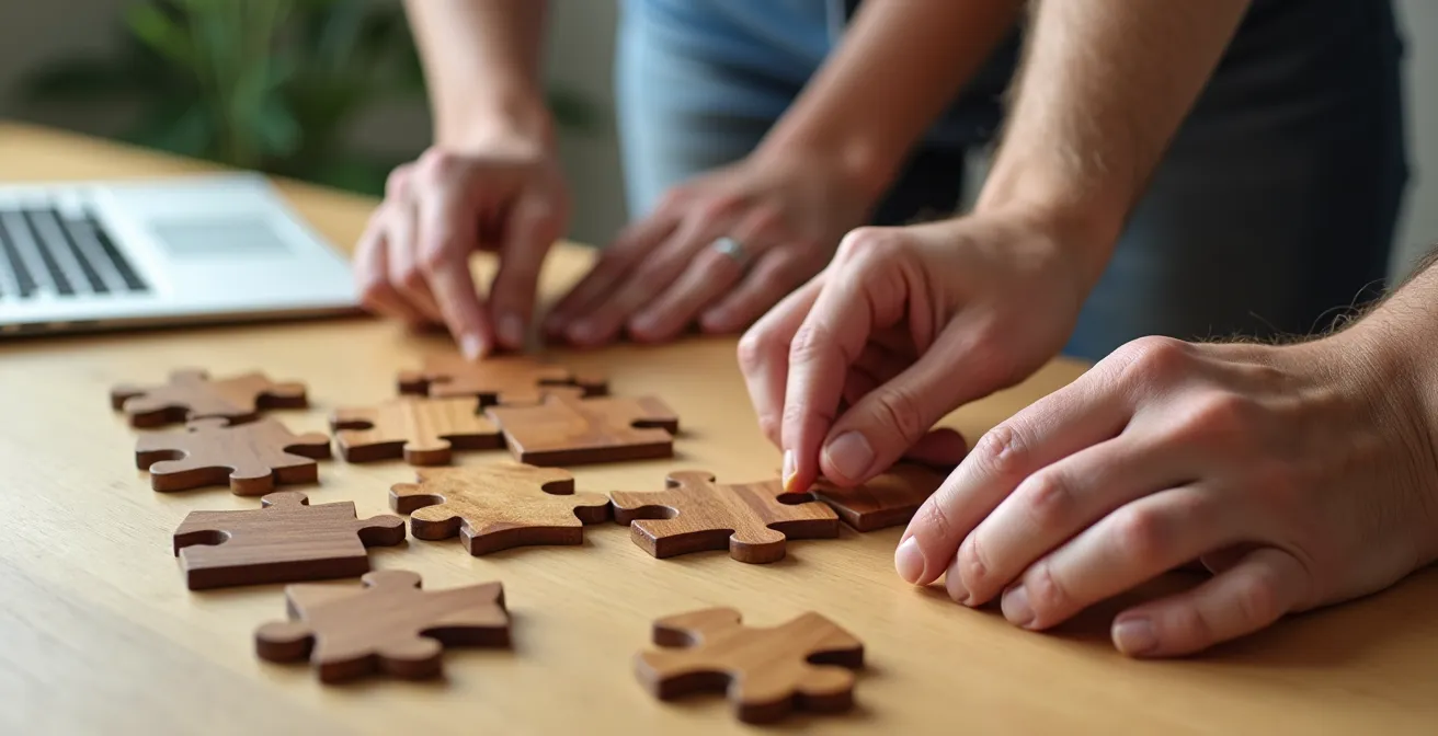 Mains assemblant des pièces de puzzle en bois sur table