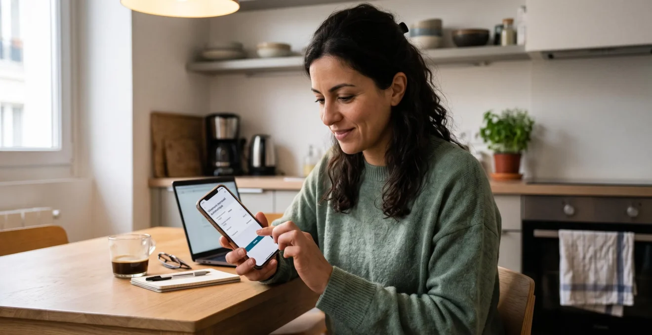 Femme consultant son application bancaire sur smartphone pour configurer un virement d'épargne automatique mensuel dans sa cuisine