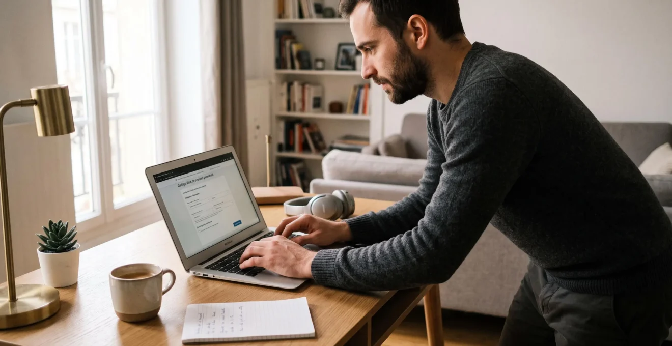 Homme paramétrant des virements automatiques mensuels sur son ordinateur portable dans son bureau à domicile